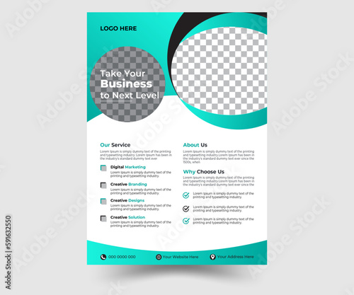 This is an unique flyer design template. Decorated with shapes and colors.