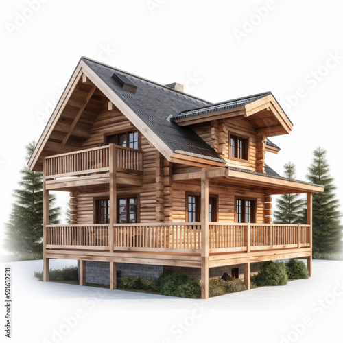 Luxury wooden cottage on white background. AI