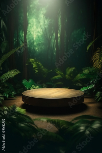 Empty space mockup podium, Jungle - themed, nature background. AI