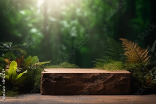 Cosmetic, beauty product promotion mockup in jungle. AI