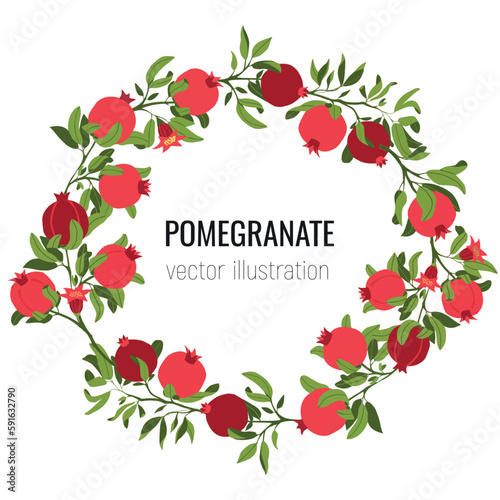 Isolated wreath frame of hand drawn pomegranate branches. Fruit print. Sketch Exotic tropical juicy fruit, pomegranate with leaves and flowers. Vector cartoon simple style illustration. Doodle patter