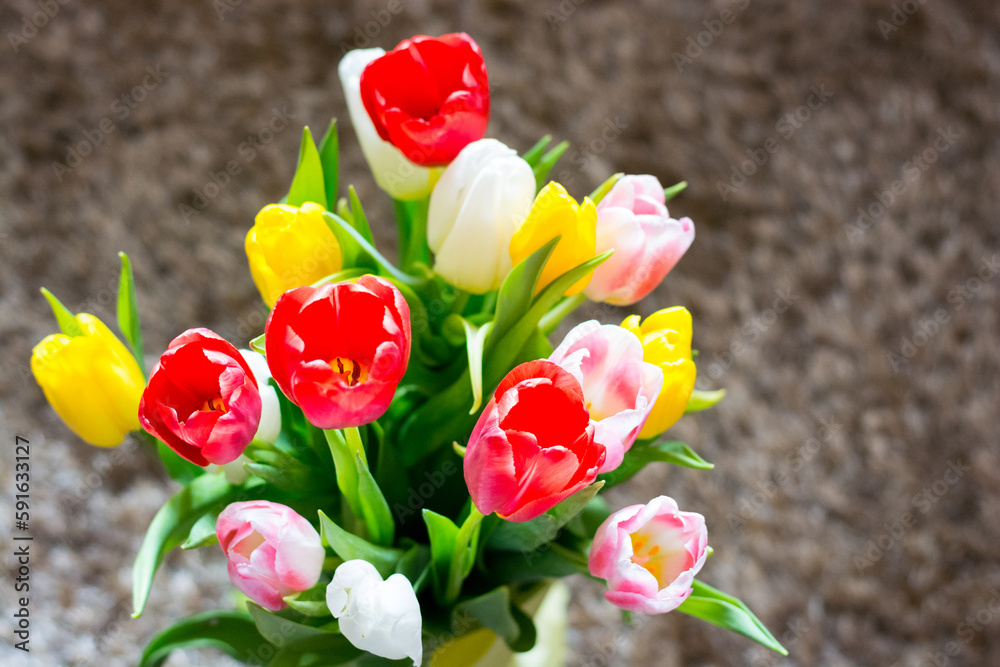 Large bouquet of colorful spring tulips