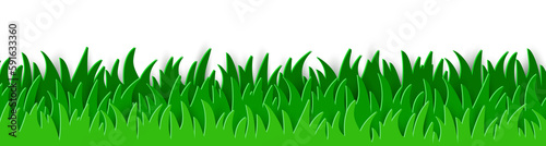 Banner with green grass on transparent background. Paper cut style. Panoramic header. PNG illustration