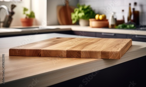  a wooden cutting board on a counter in a kitchen area. generative ai