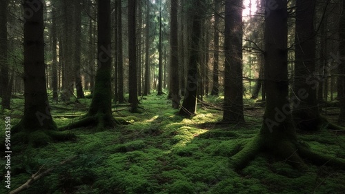 Illustration of the green forest in the morning, AI generated