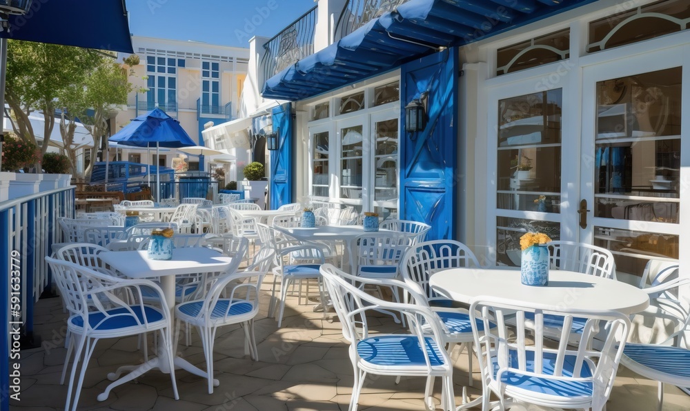  a restaurant with blue and white chairs and tables and umbrellas.  generative ai