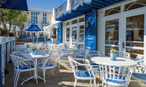  a restaurant with blue and white chairs and tables and umbrellas. generative ai
