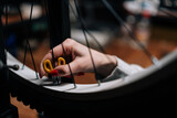 Close-up cropped shot of unrecognizable female cycling repairman hands checking bicycle wheel spoke with bike spoke key working in repair workshop with dark interior. Concept of bicycle maintenance.