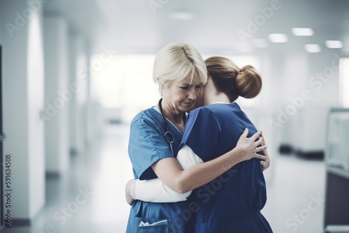 A cheerful  friendly doctor supports his patient during a physical exam. A happy smiling doctor woman or nurse hugging a woman in a medical office or hospital. Generative AI