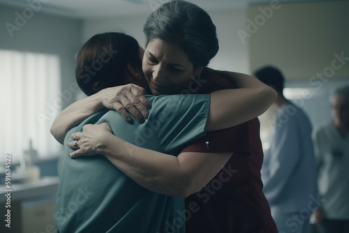 A cheerful, friendly doctor supports his patient during a physical exam. A happy smiling doctor woman or nurse hugging a woman in a medical office or hospital. Generative AI photo