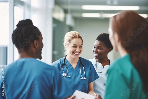 A group of doctors and nurses standing in a hallway and talking to each other, colleagues in white lab coats at a medical hospital. Teamwork. Interaction between medical professionals Generative AI