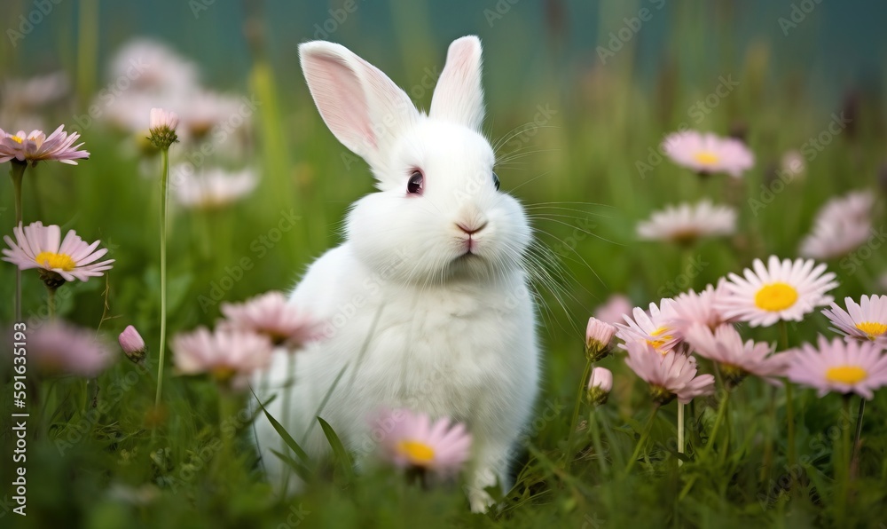 a white rabbit sitting in a field of pink daisies. generative ai a white rabbit sitting in a field of pink daisies. generative ai