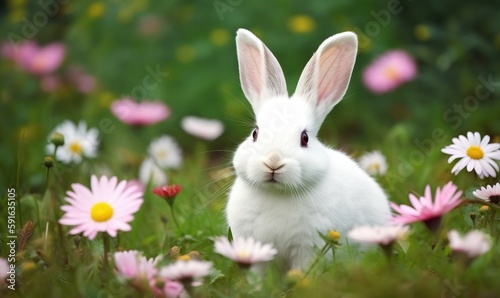  a white rabbit is sitting in a field of daisies. generative ai