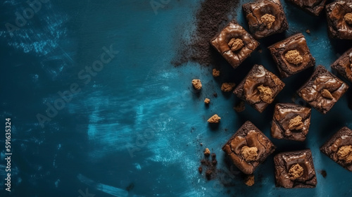 minimalistic Background with brownies and cake, top view, free Copy space, mock-up