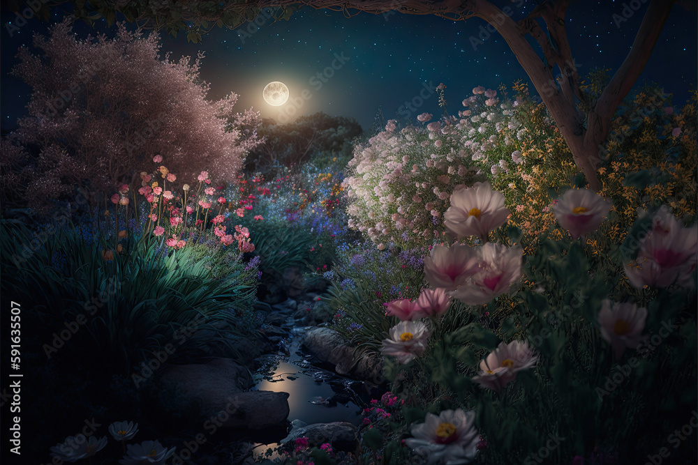 Moonlight on Mysterious Garden : Garden in Blue Moonlight : Night view of a Mystic Garden in a Gentle Moonlight