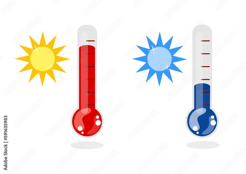 Cold and hot icon vector. Temperature illustration sign. Thermometer symbol. Set of heat logos Cold and hot icon vector. Temperature illustration sign. Thermometer symbol. Set of heat logos
