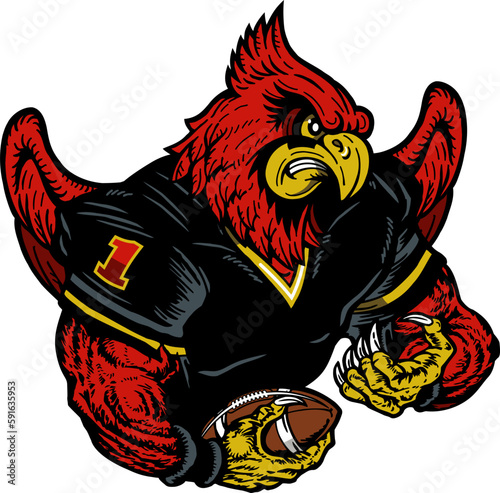 mean cardinal mascot wearing football jersey for school, college or league sports