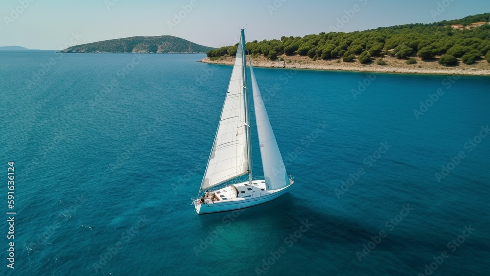 Obraz premium How a Majestic White Sailboat Glides Through the Sparkling Waters of the Sea