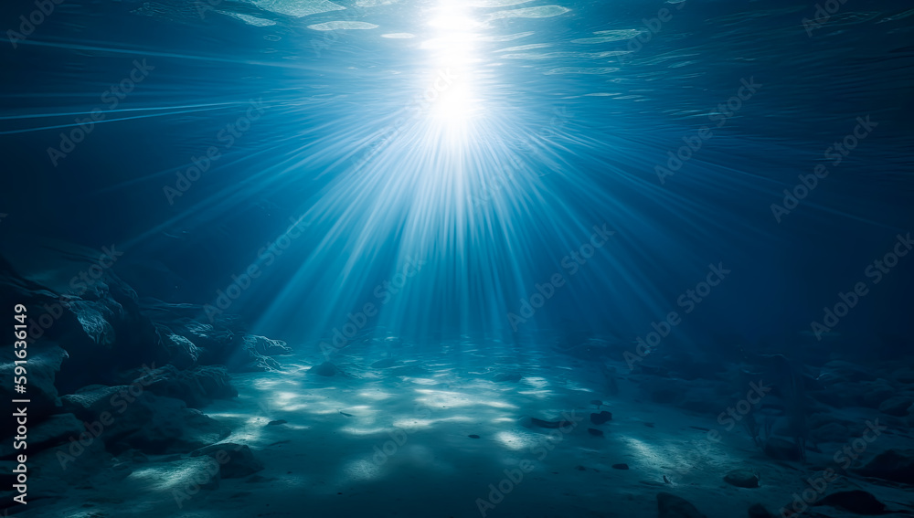 Underwater light beam background with rays of the sun. Generative Ai. Underwater light beam background with rays of the sun. Generative Ai.