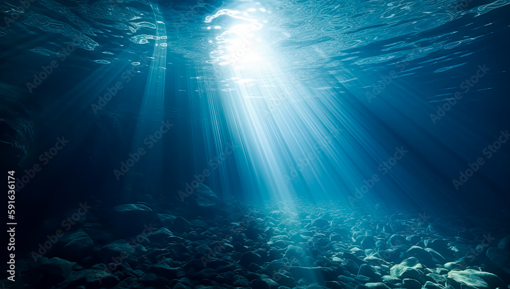 Underwater light beam background with rays of the sun. Generative Ai.