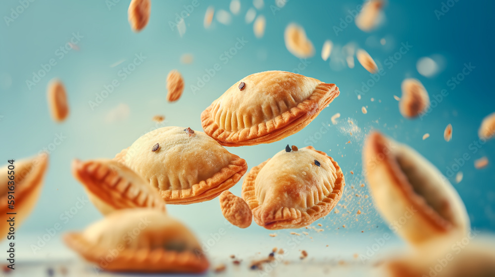 Traditional American meal. Tasty empanadas fly with splashing on blue background. Generative AI. 