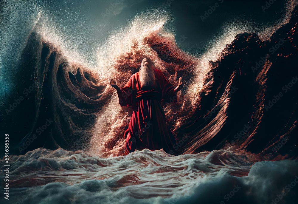 Moses like figure opening the red sea. Generative AI Stock Illustration