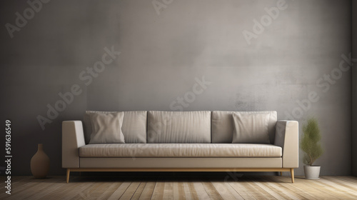 Sofa on a minimalistic background, wall and furniture in the interior. Place on the wall. Generative AI