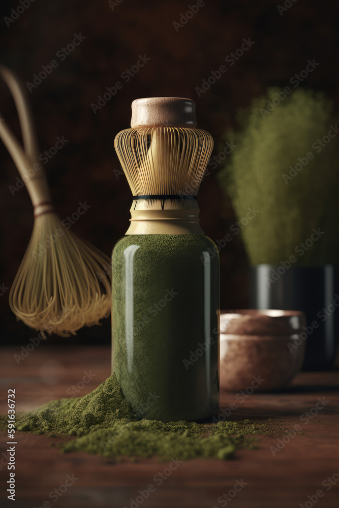 Green matcha tea, culture of Japan and China. Matcha powder in a designer jar, homemade matcha, matcha whisk. Chasen. Generative AI. Green matcha tea, culture of Japan and China. Matcha powder in a designer jar, homemade matcha, matcha whisk. Chasen. Generative AI.