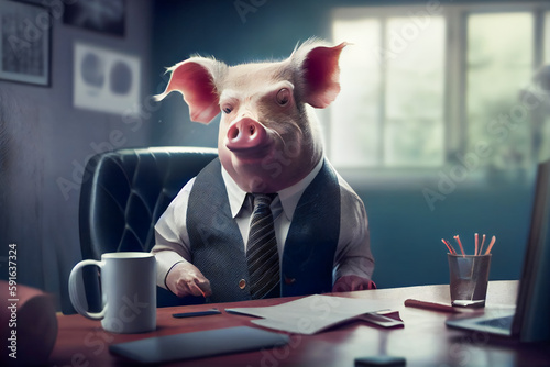 Professional Pig in Corporate Clothing in an Office. Executive Porcine Employer in Professional Attire in the Workplace. Generative AI
