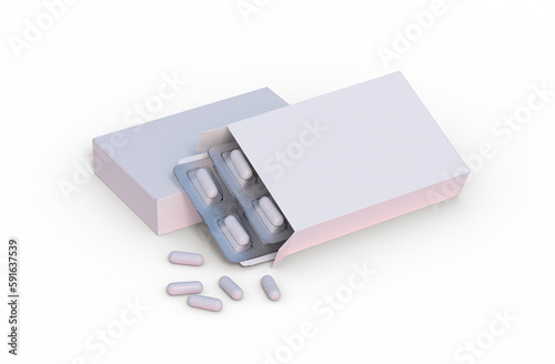 Template with two blisters with white pill capsules in packaging boxes on a transparent background. 3d render