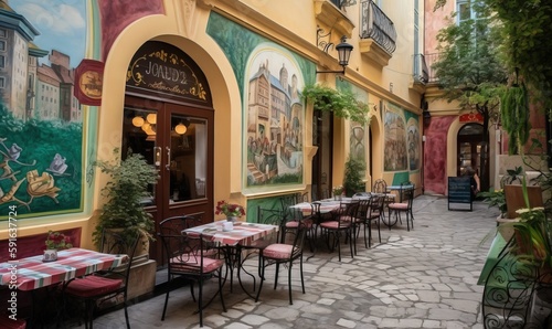  a restaurant with tables and chairs on a cobblestone street. generative ai
