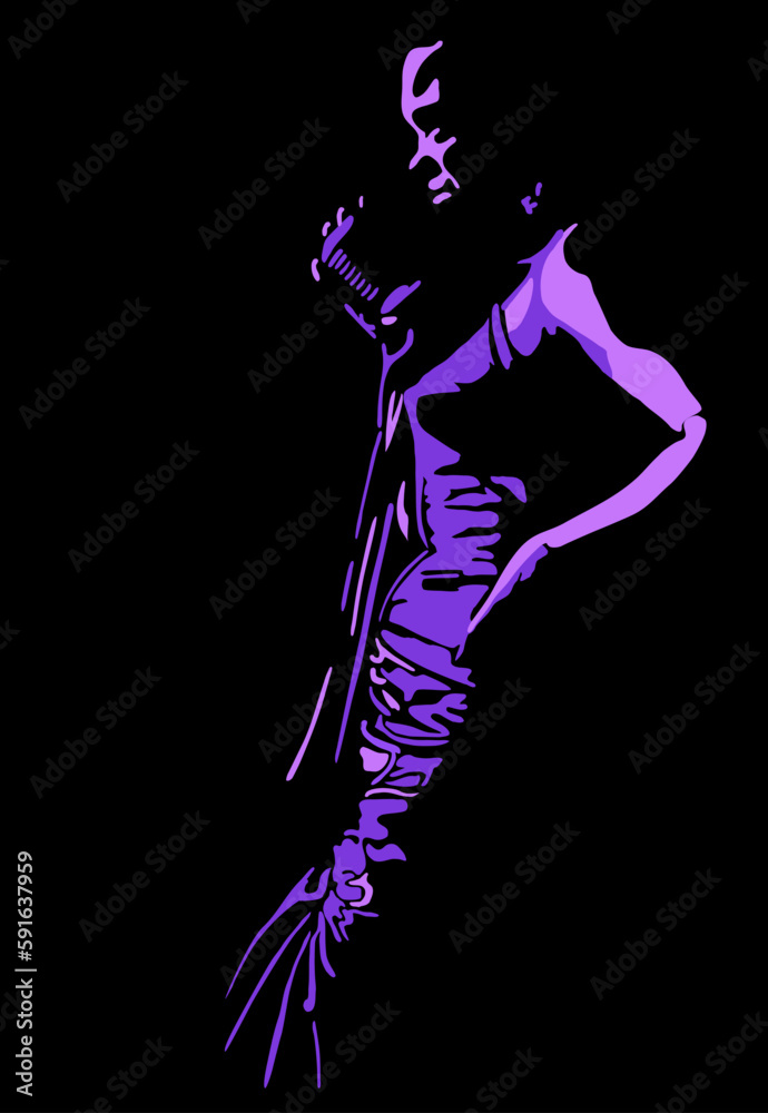 Female jazz singer is singing on the stage. Line art illustration.