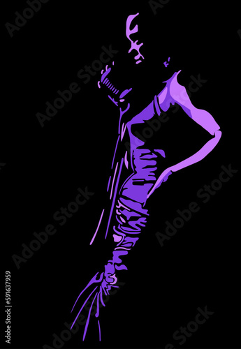 Female jazz singer is singing on the stage. Line art illustration.