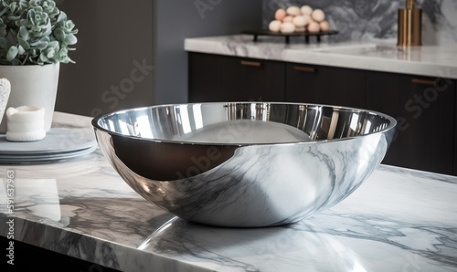 a marble counter top with a silver bowl on top of it.  generative ai