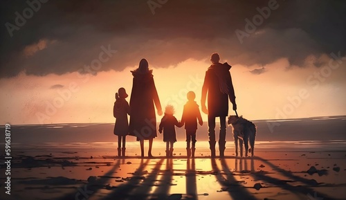 Familie mit Hund am Strand vor Sonnenuntergang [AI Generiert]