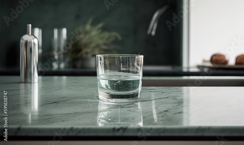  a glass of water sitting on top of a counter top. generative ai