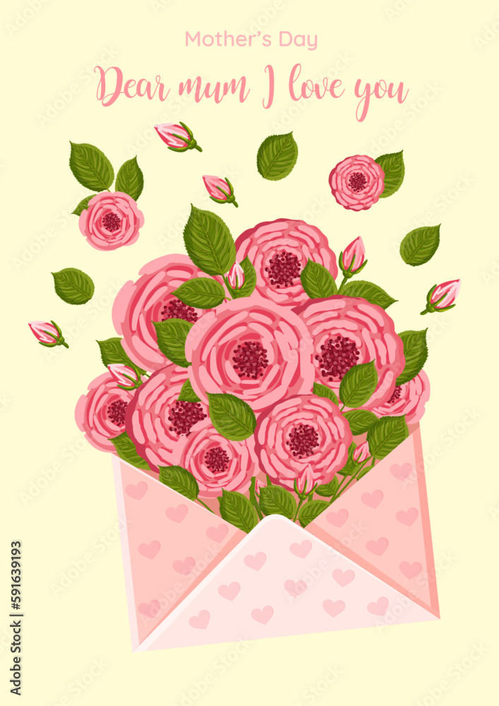 Mother's day greeting card. Vector bouquet of roses inside an envelope. Floral illustration for greeting card, poster, banner, decor etc.