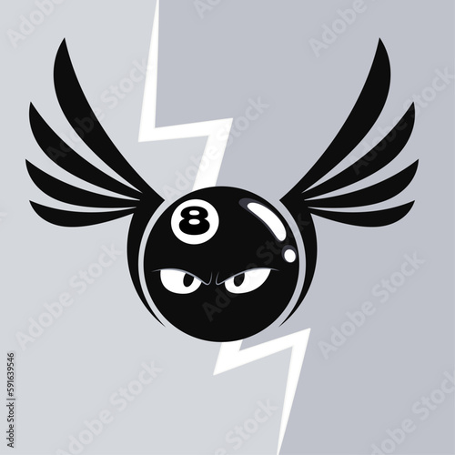 Eight ball lightning bolt flying character vector logo design illustration