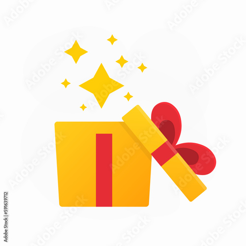 Surprising gift, opened present box, unusual experience, special celebration, birthday party. Vector illustration