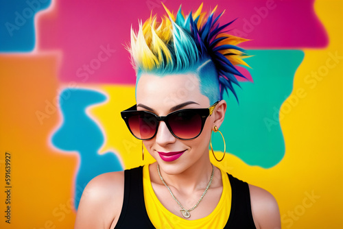 Portrait of an young woman with colorful mohawk hair and sunglasses on abstract painted background, summer vibrancy. Generative AI.