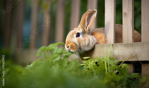  a rabbit is peeking over a wooden fence in the grass.  generative ai