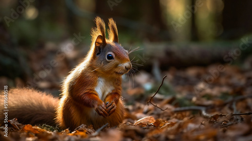 Red Squirrel in the Forest. Generative AI © EwaStudio