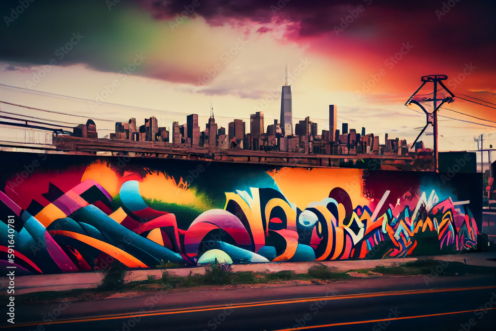 Fototapeta premium Colorful Cityscape. A Vibrant Display of Urban Street Art and Graffiti with a Skyline Backdrop. Generative AI