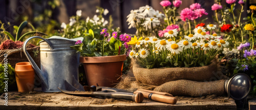 Foto Spring flowers with the gardening tools in the garden