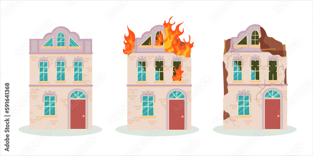 A destroyed building after a fire or an earthquake. Ruined city buildings after the war. Damaged city with old broken dilapidated housing. Vector illustration isolated on white background.