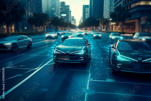 Autonomous Car Sensor System Concept for Vehicle Safety. Generative AI © EwaStudio