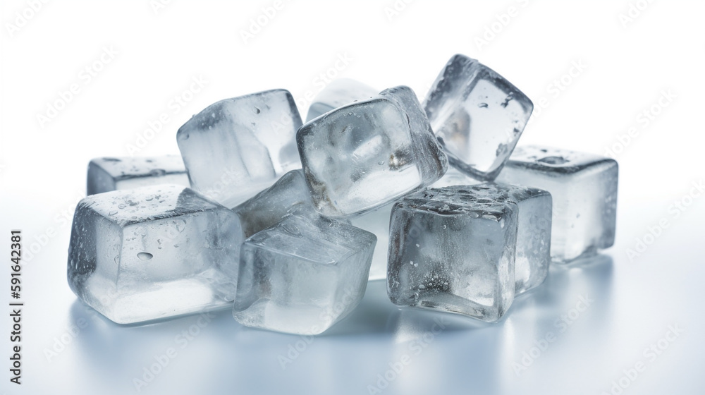 Natural crystal clear melting ice cubes on white reflective surface background, Created using generative AI tools. Natural crystal clear melting ice cubes on white reflective surface background, Created using generative AI tools.
