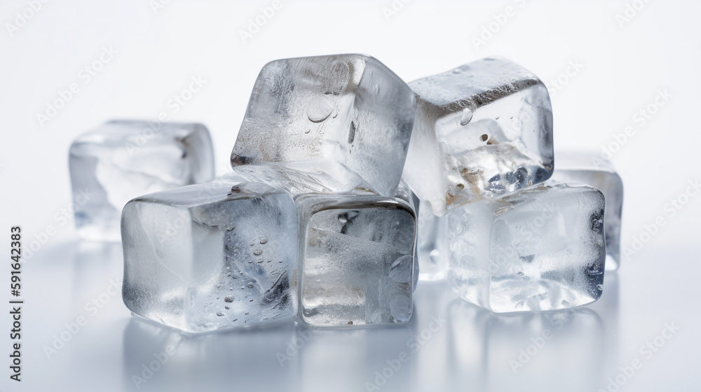 Natural crystal clear melting ice cubes on white reflective surface background, Created using generative AI tools. Natural crystal clear melting ice cubes on white reflective surface background, Created using generative AI tools.