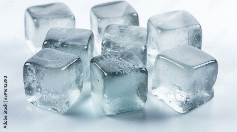 Natural crystal clear melting ice cubes on white reflective surface background, Created using generative AI tools. Natural crystal clear melting ice cubes on white reflective surface background, Created using generative AI tools.