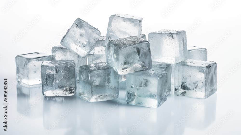 Natural crystal clear melting ice cubes on white reflective surface background, Created using generative AI tools. Natural crystal clear melting ice cubes on white reflective surface background, Created using generative AI tools.
